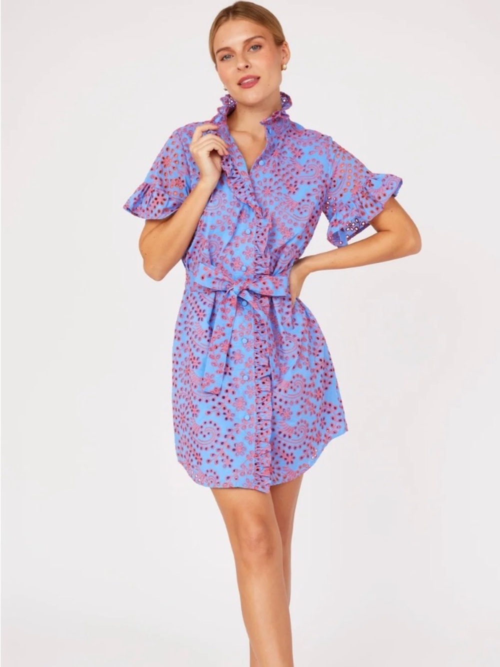 Teal Eyelet Ruffle Mini Dress with Self-Tie Waist - Picture 3 of 6
